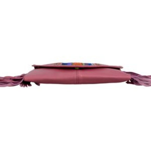 Genuine Plum Soft Leather Western Abstract Pattered Fringe Crossbody Bag NWT - Picture 6 of 6